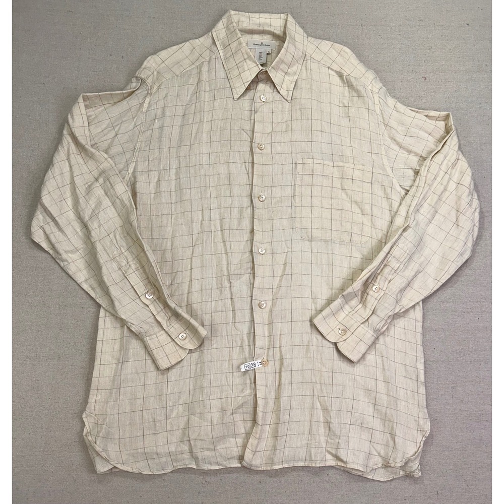 Ermenegildo Zegna Men Beige Windowpane 100% Linen Long Sleeve Button Up Shirt XL